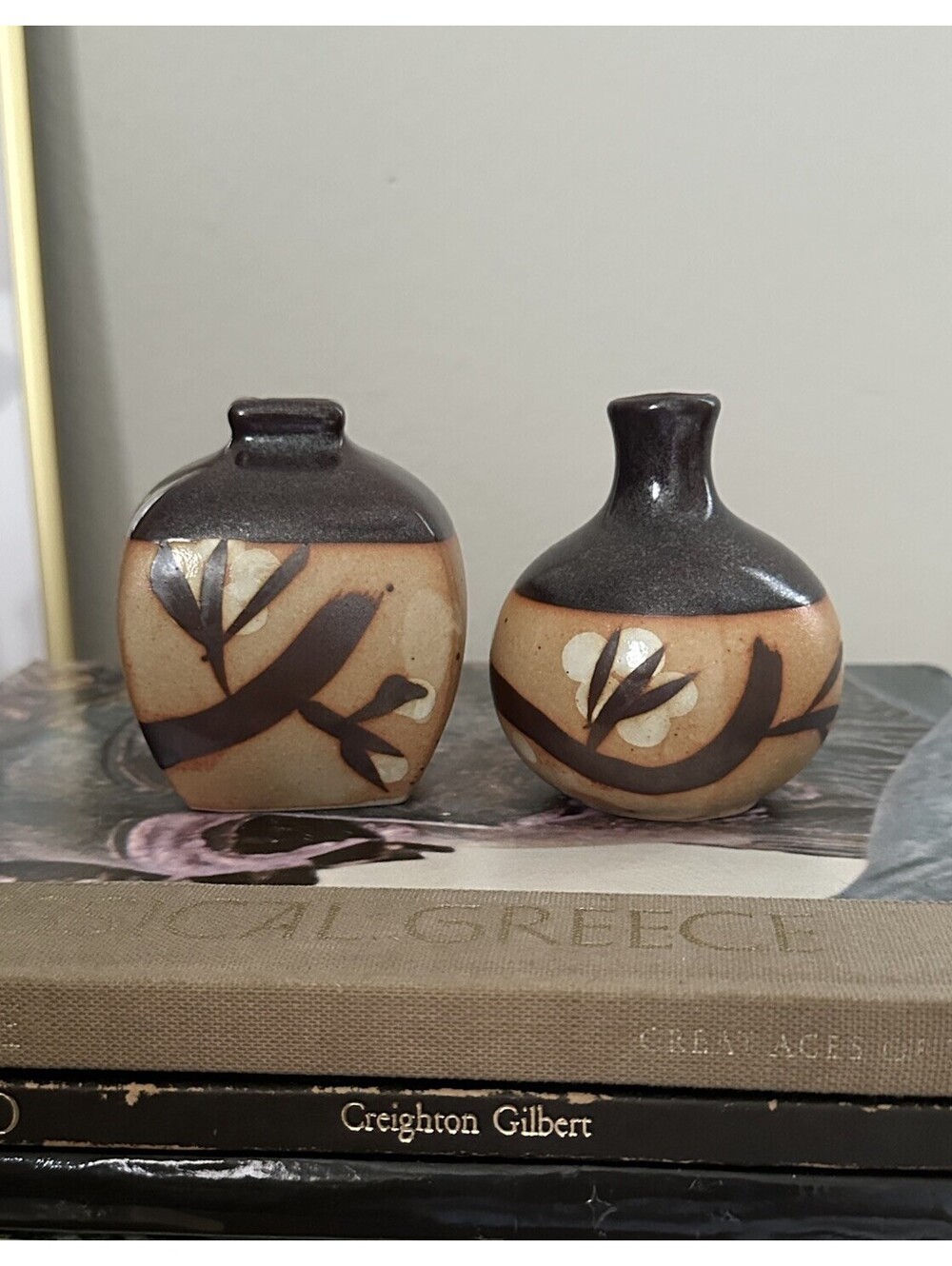 Vintage Japanese Studio Pottery Vases Pair Mid Century Modern Brown Tan Floral